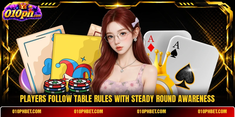 Players follow table rules with steady round awareness